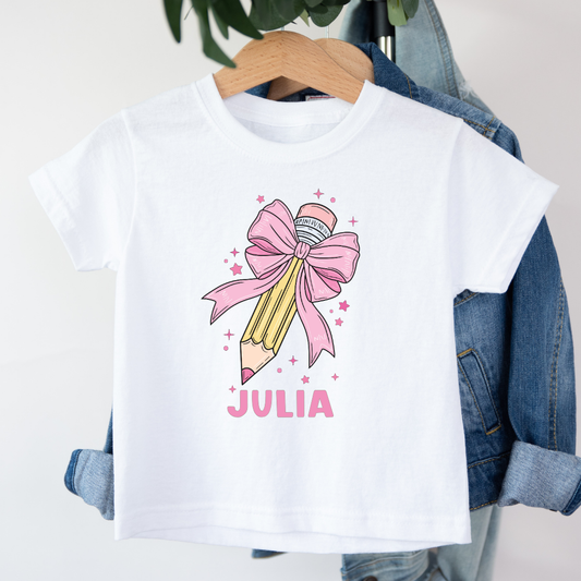 Gepersonaliseerd T-shirt meisje | Potlood met strik & naam