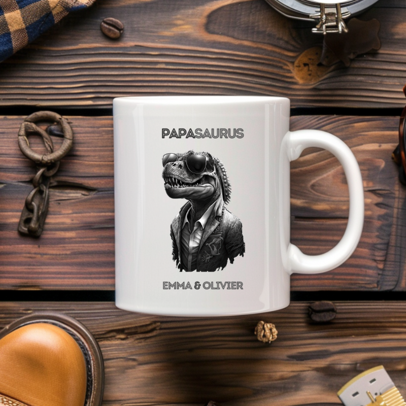 Papasaurus gepersonaliseerde mok, Ouders mok, Naam kinderen, Gepersonaliseerde mok vader papa, tas vader, koffiemok papa, coole papa