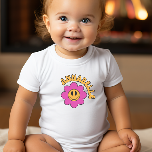 Baby romper met naam, organisch katoen, gepersonaliseerd cadeau baby, boho retro bloem