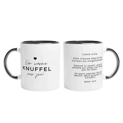 Troostcadeau, gepersonaliseerd cadeau, een warme knuffel voor jou, persoonlijke boodschap, hart onder de riem cadeau, steun, sterkte, opbeur, opfleurcadeau, gepersonaliseerde mok, mok met tekst, troost cadeau
