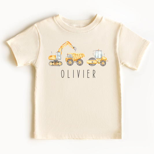 Gepersonaliseerd T-shirt of Babyromper met Bouwvoertuigen