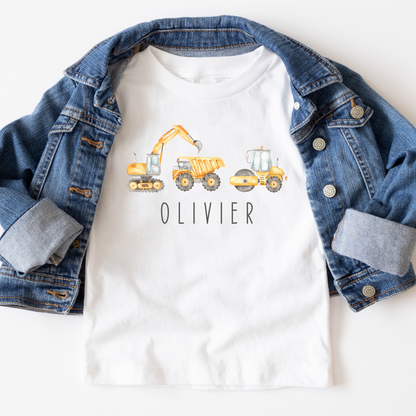 Gepersonaliseerd T-shirt of Babyromper met Bouwvoertuigen